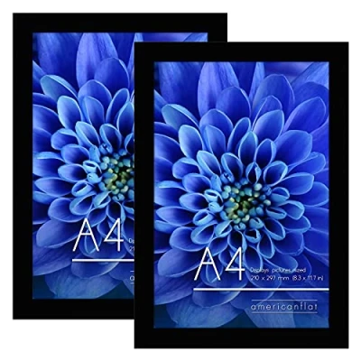 Afbeelding van Americanflat Fotolijst, A4, 2 stuks, 21 x 29,7 cm, zwart composiethouten frame met onbreekbaar glas, horizontaal en verticaal formaat, voor muur tafel