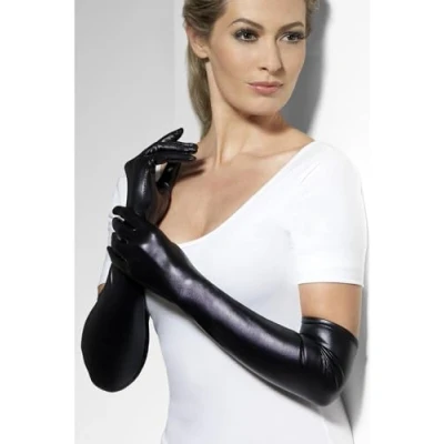 Afbeelding van Zwarte lange wetlook handschoenen voor dames