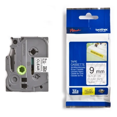 Image de P Touch E110VP Brother TZe S121 cassette à ruban forte adhérence 9 mm (d&#039;origine) noir sur transparent