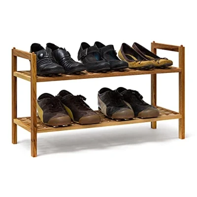 Afbeelding van relaxdays 2 x schoenenrek notenhout in set schoenenkast stapelbaar elk etages open