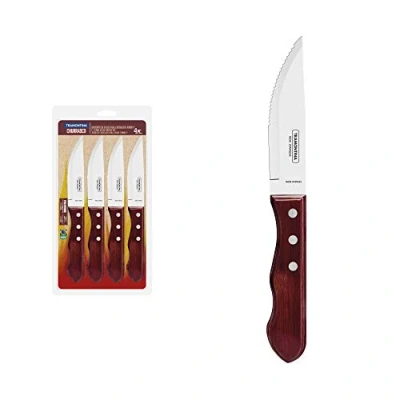 Afbeelding van Tramontina Set van 4 grote professionele steakmessen rood rustiek hout perfect voor grote, sappige steaks en barbecues