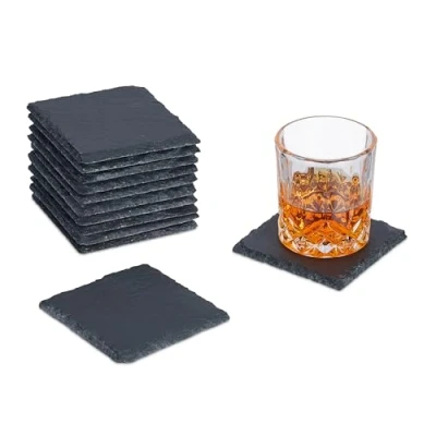 Afbeelding van leisteen onderzetters set van 12 vierkant 10 x cm voor glazen antraciet