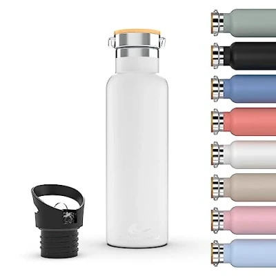 Afbeelding van DAIKOKU Fles, dubbelwandige roestvrijstalen thermosfles, houdt de drank urenlang warm of koud, twee doppen, wit, 1 liter