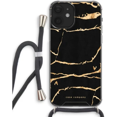 Afbeelding van Case Company® hoesje met Koord geschikt voor iPhone 12 mini Gouden marmer Telefoonhoesje Zwart Extra Bescherming aan alle Kanten en Over de Schermrand