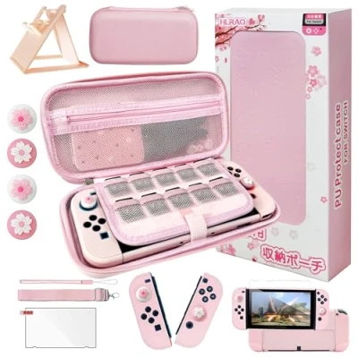 Afbeelding van HLRAO roze draagtas accessoireset compatibel met Nintendo Switch OLED. OLED harde beschermhoes verstelbare standaard schermbeschermer en schattige duimgrepen 10