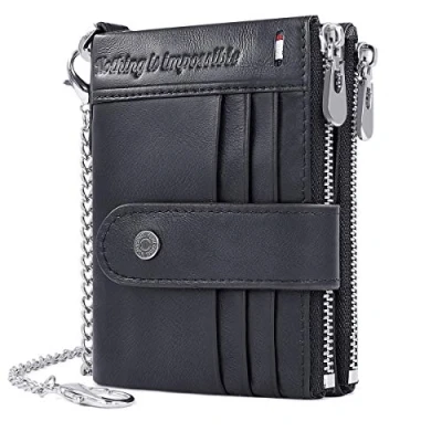Afbeelding van REETEE bifold Herenportemonnee van echt leer, RFID blokkering, met ketting, portemonnee voor heren, 19 creditcardhouders en ritssluiting, muntvak, geschenkdoos, zwart., Traditioneel