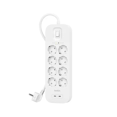 Image de Belkin Parafoudre 8 Prises 2 Mètres Dual USB C 30 W PD Blanc