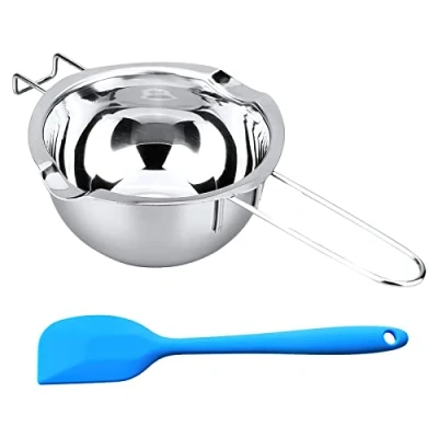 Afbeelding van Smeltpan 304 roestvrij staal met blauwe spatel voor chocolade, room, boter, kaars, suiker, zeep, 600 ml