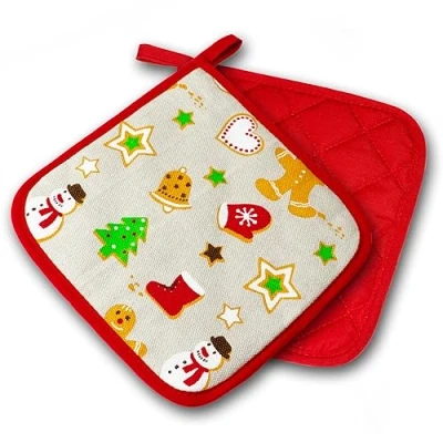 Afbeelding van Set van 2 pannenlappen voor de keuken, Kerstmis, rood, categorie PSA II, hittebestendig tot 250 C, getest en gecertificeerd