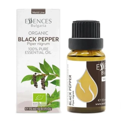 Afbeelding van Essences Bulgaria Biologische etherische zwarte peper olie 15 ml Piper nigrum 100% zuiver en natuurlijk onverdund therapeutische kwaliteit aromatherapie cosmetica wreedheidsvrij