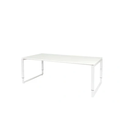 Afbeelding van Domino Plus vergadertafel, hoogte instelbaar (62 85cm) met 200x100cm &#039;zwevend&#039; krijtwit 25mm blad en wit (RAL9010) O poot frame
