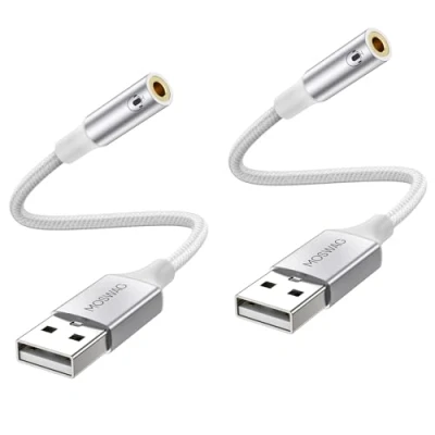 Afbeelding van MOSWAG USB naar 3,5 mm jack audio adapter (2 stuks), AUX kabel met 4 stuks TRRS microfoon. Ondersteunt geïntegreerde chip, externe geluidskaart voor PC PS4 PS5 en meer