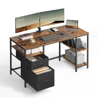 Afbeelding van VASAGLE Computerbureau, tafel met opbergruimte, 3 planken, 2 laden, 60 x 140 76 cm, voor kantoor, woonkamer, industriële stijl, rustiek bruin en zwart LWD104B01