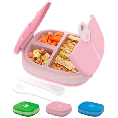 Afbeelding van UMAMI Kids lunchbox met bestek, lekvrij, duurzaam, bento stijl, 3 grote vakken, ideaal voor porties van tot 9 jaar, BPA vrij, magnetron en vaatwasmachinebestendig, blauw