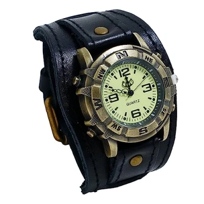 Afbeelding van JewelryWe Herenhorloge van echt leer, steampunk, retro, analoog, kwarts, met leren band, casual horloge voor dames en heren, zwart., Armband