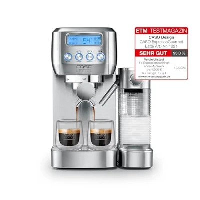 Afbeelding van Caso Espresso Gourmet latte koffiezetapparaat met geïntegreerd melkreservoir, ULKA pomp, 20 bar, verwarmingsplaat voor kopjes, espresso, cappuccino, macchiato, crèmekoffie, 1 of 2 kopjes