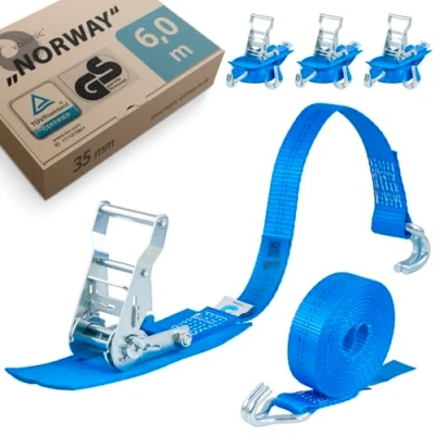 Afbeelding van valonic NORWAY 4 x 6 m spanbanden met haak, 35 mm, 1000/2000 kg, gevoerd, TÜV Rheinl / GS, EN 12195 2 draagriem ratel voor vrachtwagens, aanhangers, blauw