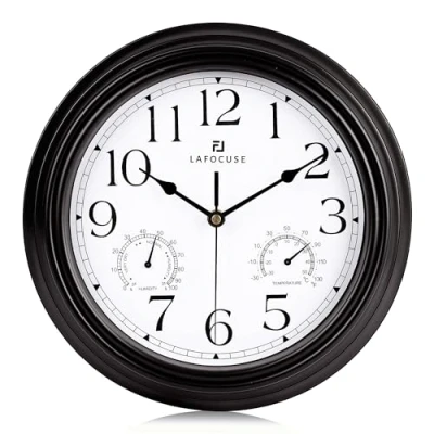 Afbeelding van Lafocuse Wandklok met thermometer en hygrometer, vintage, wandklok, kwarts, zwart, stil, voor woonkamer, keuken, 30 cm