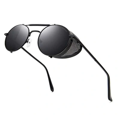 Afbeelding van RONSOU Steampunk Style Ronde Vintage Polarisées Lunettes de Soleil Rétro UV400 Protection Métal Cadre, B3 Cadre Noir/Lentille Grise(non polarisé), Taille unique