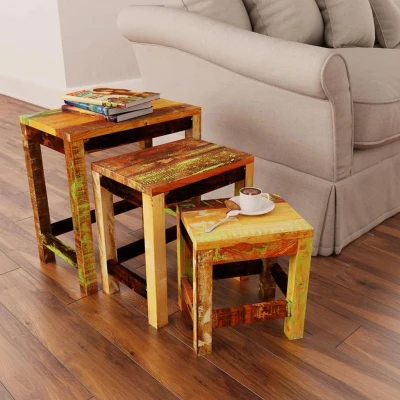 Afbeelding van 3 delige Bijzettafeltjesset vintage stijl gerecycled hout