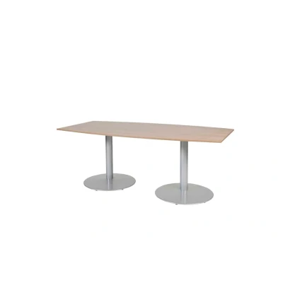 Afbeelding van Linesto 200x100cm tonvormige vergadertafel op vaste hoogte (74cm) met havana/ kersen licht 25mm blad en aluminium (RAL9006) trompetvoeten