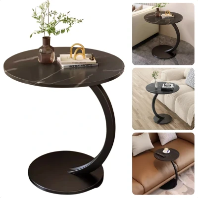 Afbeelding van Cheqo® Zwarte Bijzettafel met Marmer Salontafel Ronde 40 cm Gemarmerd Tafelblad Metaal Frame Moderne Sidetable