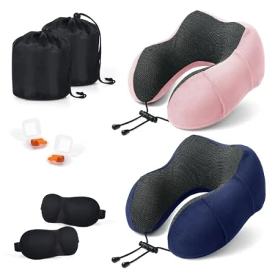 Afbeelding van SOMLAW Reiskussen, nekkussen van traagschuim, nekkussen, essentieel voor reizen, draagtas inbegrepen (roze + blauw)