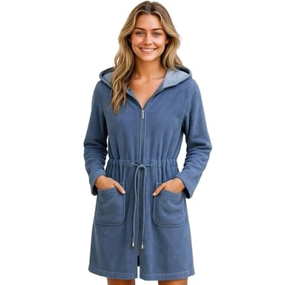 Afbeelding van Morgenstern Emily Badjas voor dames van lichte en korte badstof met ritssluiting, Denim Blauw