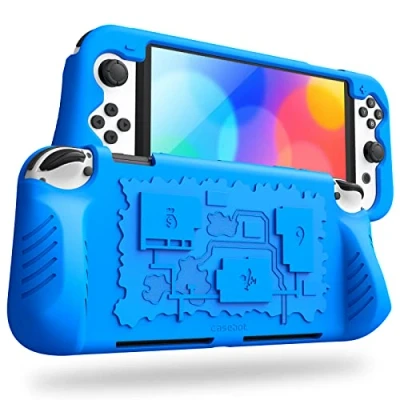 Image de Fintie Coque compatible avec Nintendo Switch (modèle OLED) 2021 en silicone souple antidérapant de protection anti chocs 3 supports pour cartes à jouer, poignée ergonomique Bleu