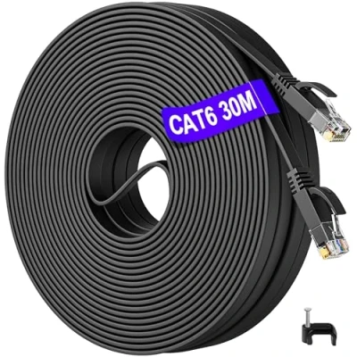 Afbeelding van RJ45 kabel, 30 m, Cat 6, voor buiten, binnen, ethernetkabel, plat, lange netwerkkabel, high speed LAN Gigabit 1000 Mbps, zwart, internetkabel, PC PS5/4 router, switch, modem