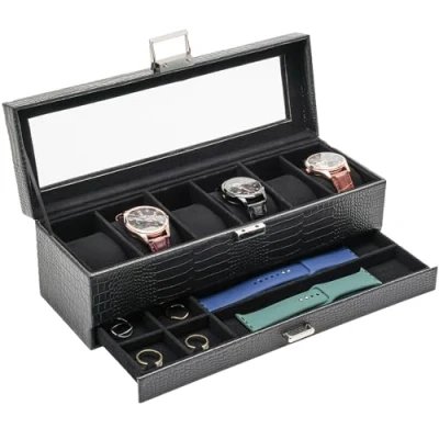 Afbeelding van ProCase Horlogedoos met 6 vakken, glazen deksel, 2 niveaus, afneembaar kussen, voor sieraden, ringen, armbanden en halskettingen, hagedis zwart