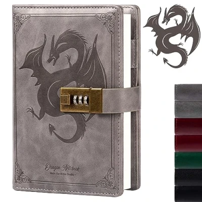 Afbeelding van Dragon Notitieboek van leer met cijferslot, gelinieerd/blanco papier, schrijfdagboek B6 (grijs)