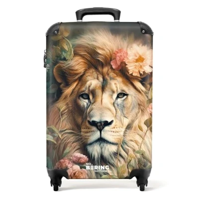 Afbeelding van NoBoringSuitcases.com® Handbagage koffer lichtgewicht Reiskoffer trolley Leeuwenkop omringd door bloemen Rolkoffer met wieltjes Past binnen 55x40x20 en 55x35x25