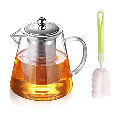 Afbeelding van glazen theepot met infuser, bekerborstel,Hittebestendige afneembare transparante borosilicaatglazen voor losse thee 550 ml