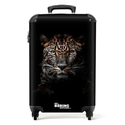 Afbeelding van NoBoringSuitcases.com® Handbagage koffer lichtgewicht Reiskoffer trolley Lichtbruine panterkop op zwarte achtergrond Rolkoffer met wieltjes Past binnen 55x40x20 en 55x35x25