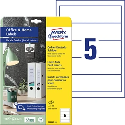 Afbeelding van Avery Zweckform C32267 10 etiketten voor de achterkant van map (50 op 54 x 190 mm A4 formaat, microperforatie, ideaal kantoor thuis), wit, stuks