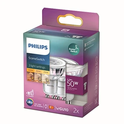 Afbeelding van Philips LED lamp GU10 50W 355Lm reflector sceneswitch 3standen doos met 2 stuks