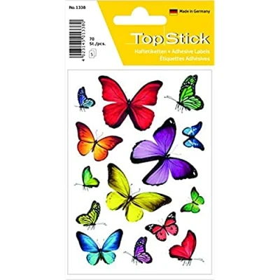 Afbeelding van TopStick 1338 stickers met vlindermotieven (70 stickers, papier, mat) zelfklevend, decoratieve etiketten voor geschenken, verjaardagen, brieven, fotoalbums, dagboeken, kleurrijk
