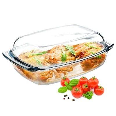 Afbeelding van Ovenschaal van hittebestendig glas, vuurvaste pot, glazen braadpan met deksel en handgrepen, servies voor braden, oven, elektrisch fornuis, lasagne, vlees, transparant (rechthoekig, 4,1 liter)
