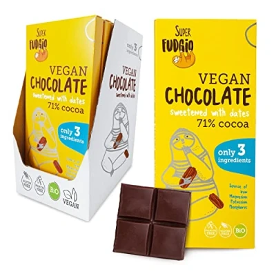 Afbeelding van SUPER FUDGiO biologische veganistische chocolade gemaakt van natuurlijke ingrediënten gezoet met dadels in plaats suiker glutenvrij en veganistisch 80 g (dadels, 10)
