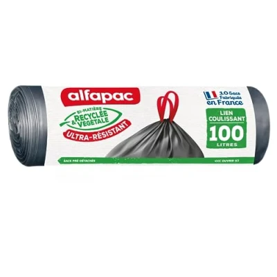Afbeelding van Alfapac 10 zakken van 100 l met schuifband gemaakt in Frankrijk gerecycled en plantaardig bi materiaal