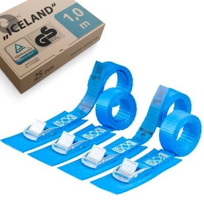 Afbeelding van valonic ICELAND Spanbanden met klemgesp, TÜV Rheinl / GS getest, pad, 4 stuks, 1 m kort, 25 mm, 250 kg EN 12195 2, blauw, riemen voor dakkoffer, fietsendrager