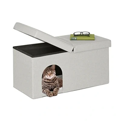 Afbeelding van kattenhuis met zitbankje opvouwbare kattenmand poef kattenmeubel kattenhol