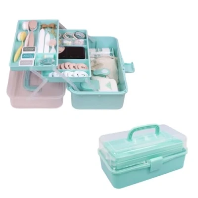 Afbeelding van Craftelier Opbergkoffer met 3 laden voor scrapbooking en knutselprojecten Transparant deksel sluiting handvat Afmetingen ca. 32 x 13,5 18,5 cm Turquoise