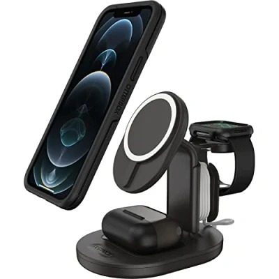 Image de OtterBox Support de chargement sans fil 3 en 1, pour MagSafe 7.5 Watt PD 2.0, 3.0 nuit radiante (noir) Apple AirPods with Charging Case; Pro; iPhone 12, 13, 14
