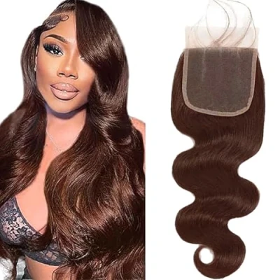 Afbeelding van Tuheerst Vetersluiting, echt haar, kant, sluiting, body wave, kanten bruin, #4, 4 x 4, Zwitserse top kant met natuurlijke haarlijn, lange haarsluiting, 66 cm