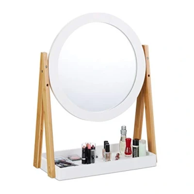 Afbeelding van Relaxdays make up spiegel draaibaar cosmeticaspiegel bamboe opbergvak