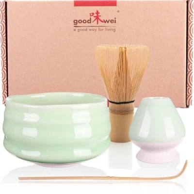 Afbeelding van Goodwei Matcha theeset Japanse met bamboe garde, ceremonieschaal van keramiek en gardehouder, geschenkdoos (minto, 80)
