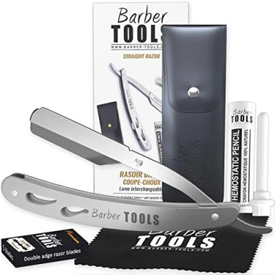 Afbeelding van Barber Tools traditioneel (Baard)scheermes, recht, vervangbare mesjes + doos met 5 dubbele aluin stick poetsdoek etui