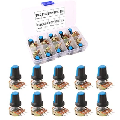 Afbeelding van QitinDasen 10 stuks hoogwaardige lineaire roterende potentiometers, 3 verstelbare klemmen, draaipotentiometer, met knopdop en sluitring (5 waarden B10K, B50K, B100K, B500K, B1M